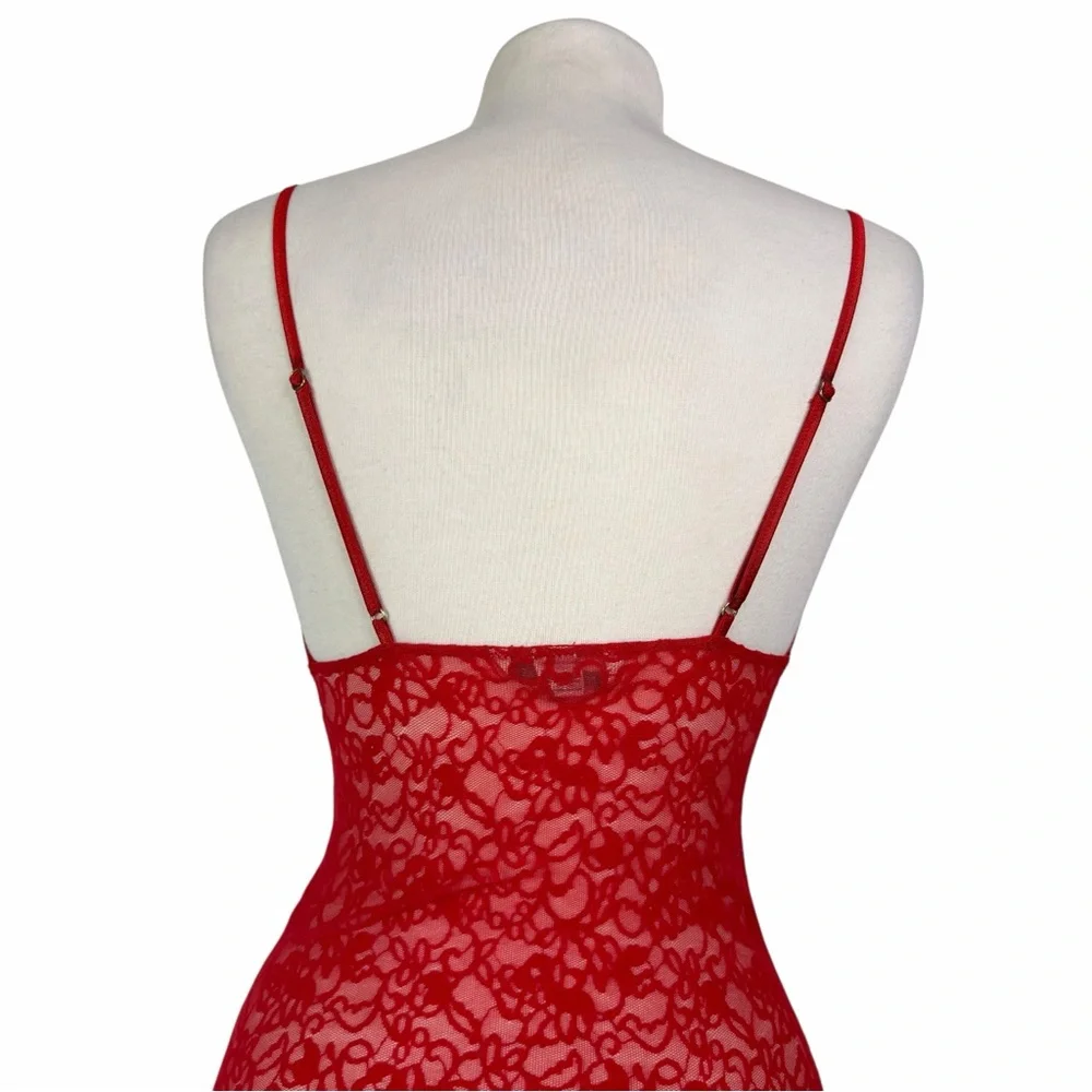 Victorias Secret Vintage Y2K Red Sheer Floral Lace Bodycon Mini Slip Dress Small